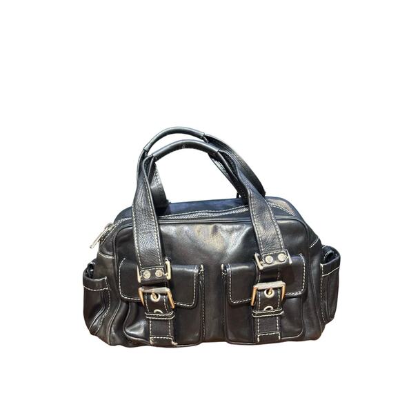 Vintage Michael Kors Black With White Stitching Double Handle Top Zip - Picture 1 of 11